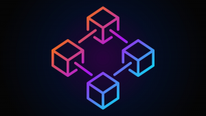 An image of 4 cubes connected in a network;  blockchain