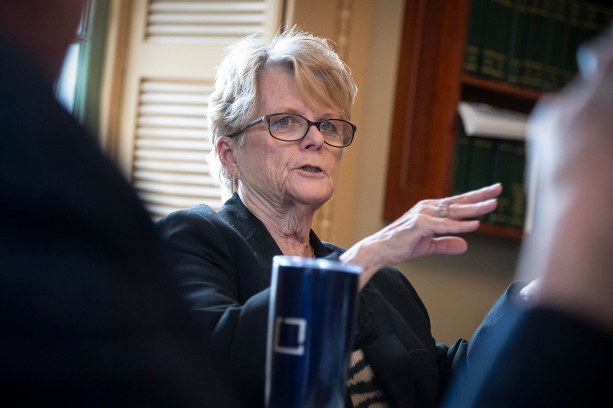 A woman in glasses speaks to a group of people.