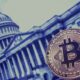 A depiction of the U.S. Capitol with a Bitcoin symbolizing news that Reps. Maxine Waters and David Scott will not whip party members against the Wednesday FIT21 vote regarding crypto regulation.