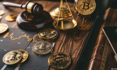 A desk with a gavel and cryptocurrencies symbolizing Robinhood receiving a Wells Notice from the SEC.