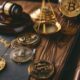 A desk with a gavel and cryptocurrencies symbolizing Robinhood receiving a Wells Notice from the SEC.