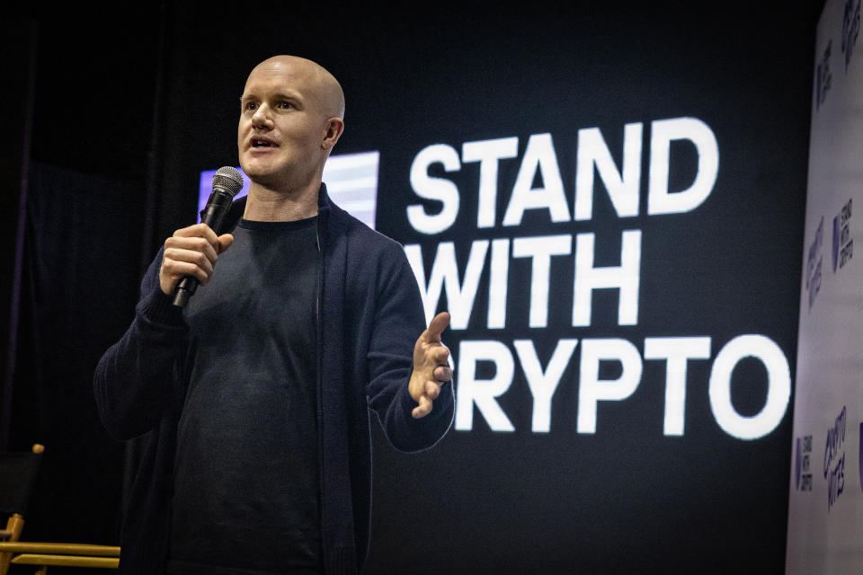 Los Angeles, CA - March 4: Brian Armstrong, CEO of Coinbase, speaks at the Stand With Crypto rally, organized by cryptocurrency company Coinbase, to vote on Monday, March 4, 2024 in Los Angeles Angeles, California.  (Jason Armond/Los Angeles Times via Getty Images)