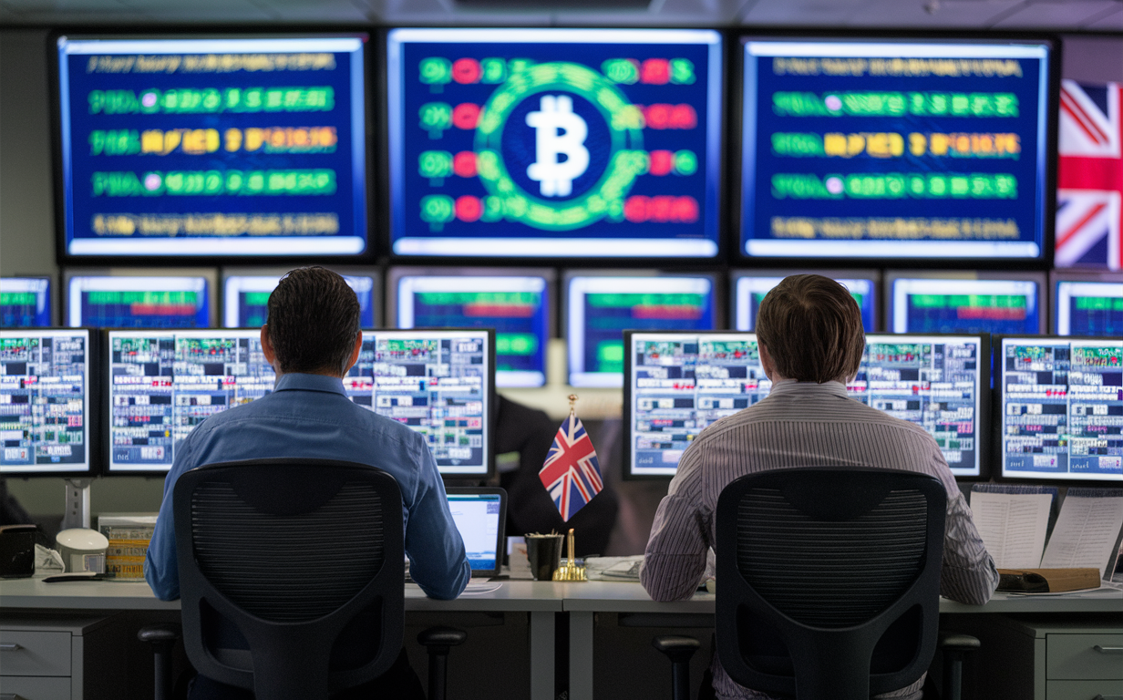 A large control room with several screens showing crypto financial symbols. Two office workers with their back to viewer sit at their desk. A UK flag is on the wall