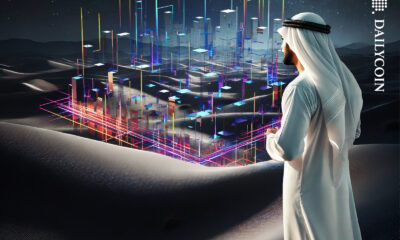 An Arabic man looking at a digital city in a desert from a dune.