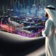 An Arabic man looking at a digital city in a desert from a dune.