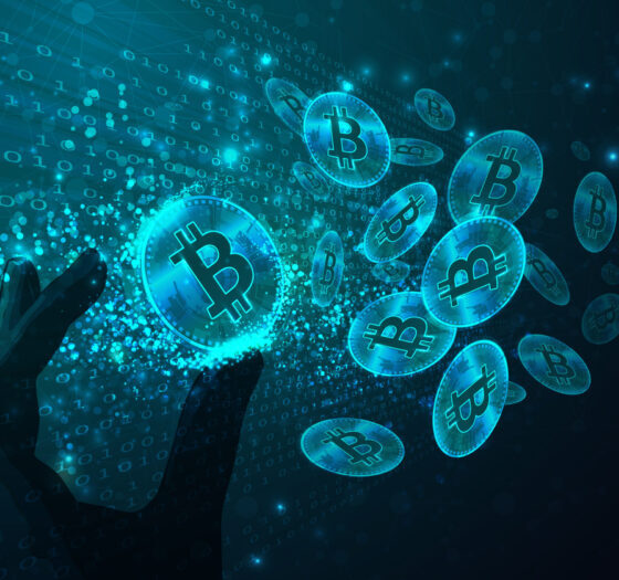 Bitcoins in a futuristic room made from binary code and a hand holding one of them. (Used clipping mask)