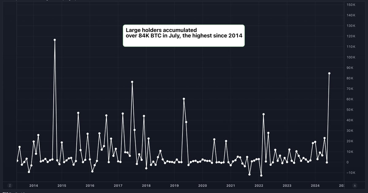 Large Bitcoin (BTC) Holders Added $5.4 Billion Worth of BTC in July, Data Shows